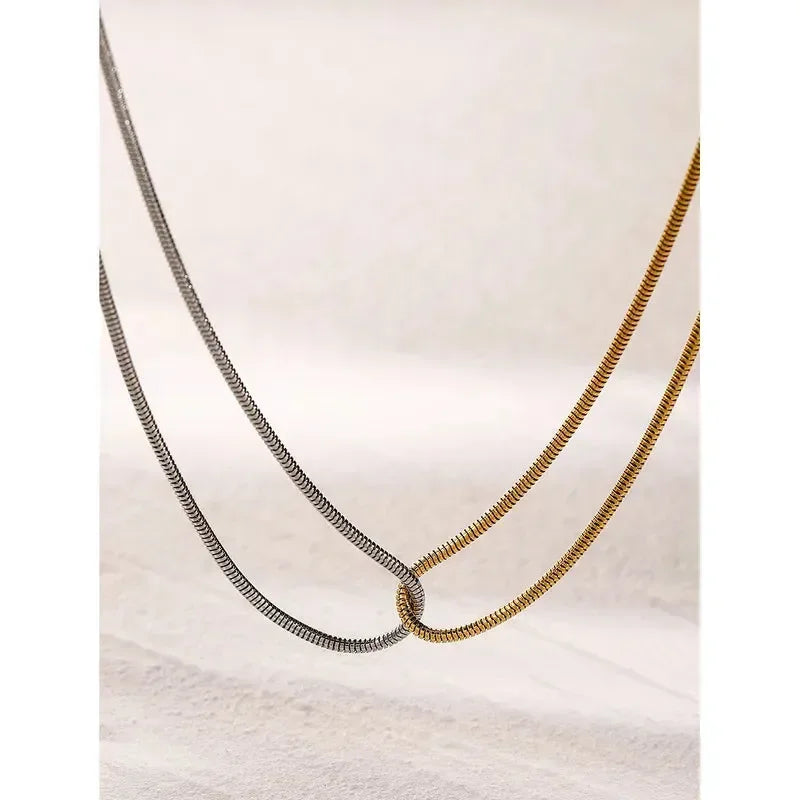 Double Layer Gold Silver Sleek Chain Necklace and Bracelet - Diatoms
