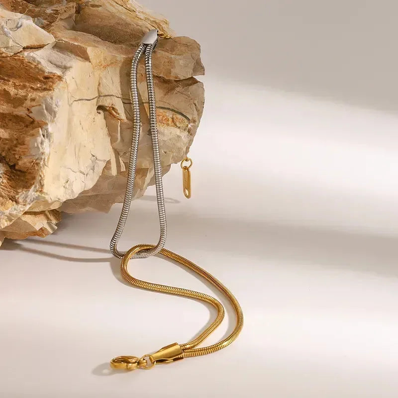 Double Layer Gold Silver Sleek Chain Necklace and Bracelet - Diatoms