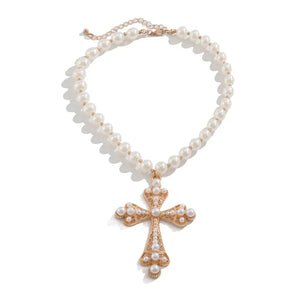 Diatoms Cross Pearl Beaded Necklace