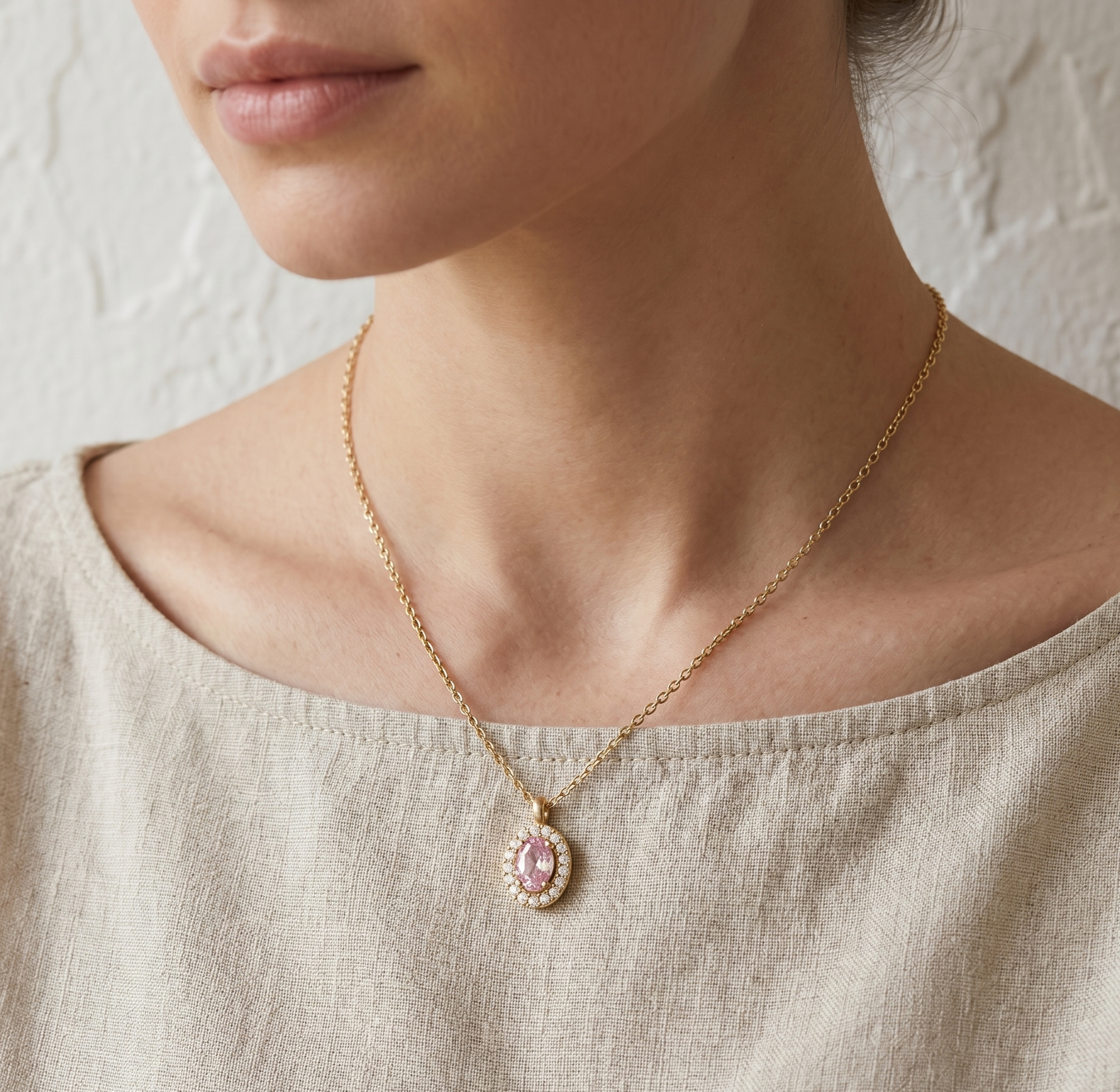 Necklace with a pink pendant worn by a person in a beige top against a neutral background