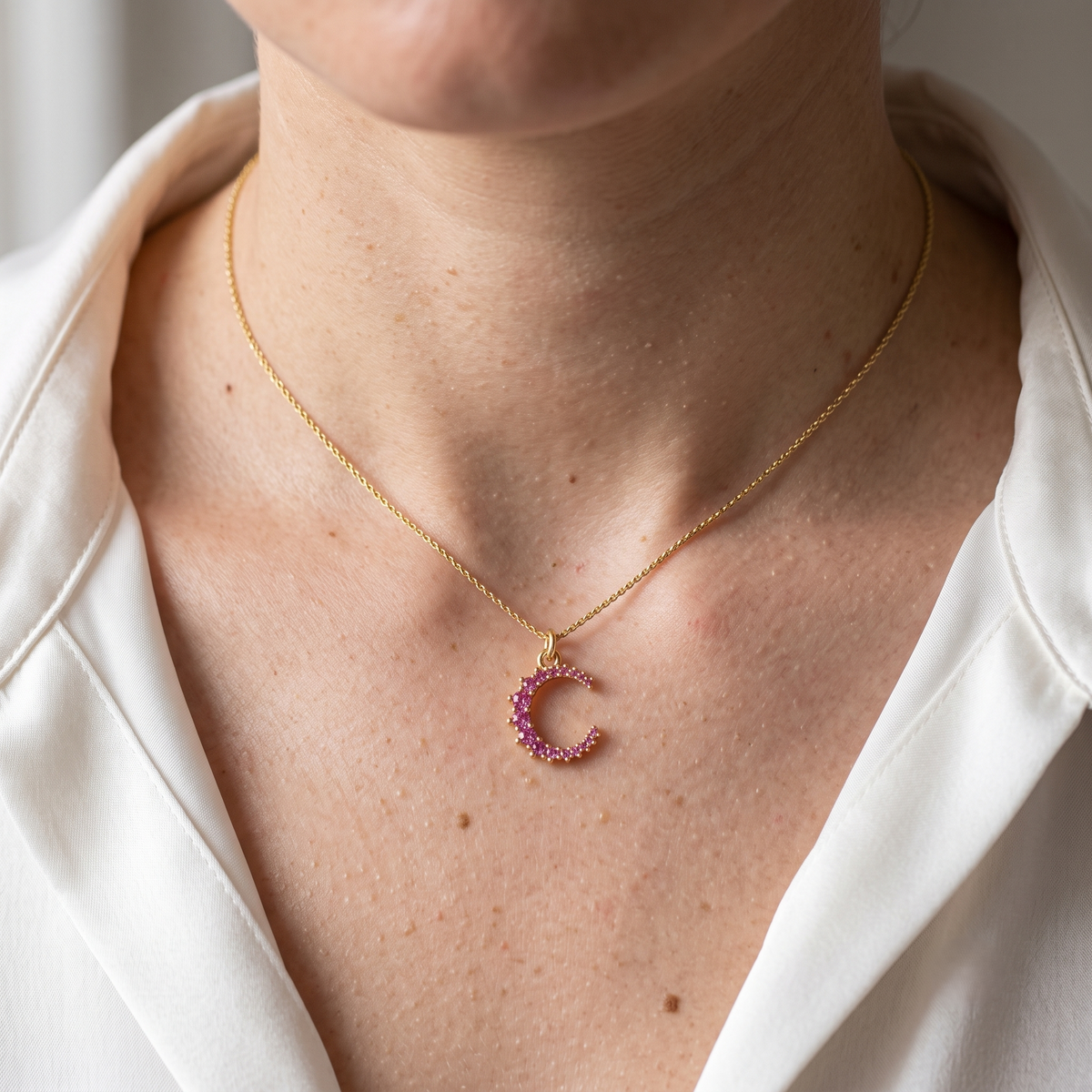 Diatoms Moon Pink Zircon Pendant Necklace