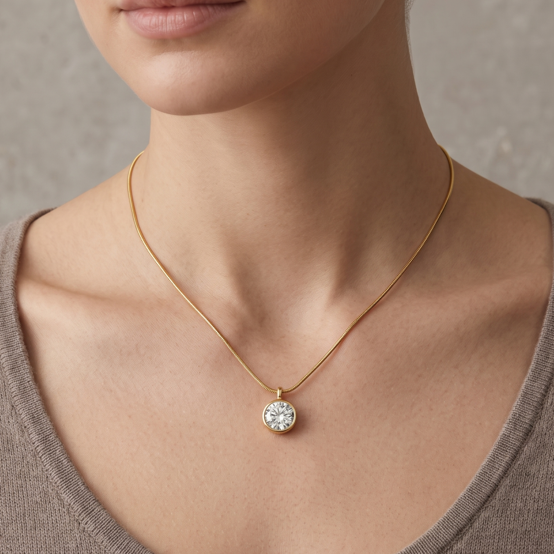 Gold necklace with a diamond pendant worn by a person against a neutral background