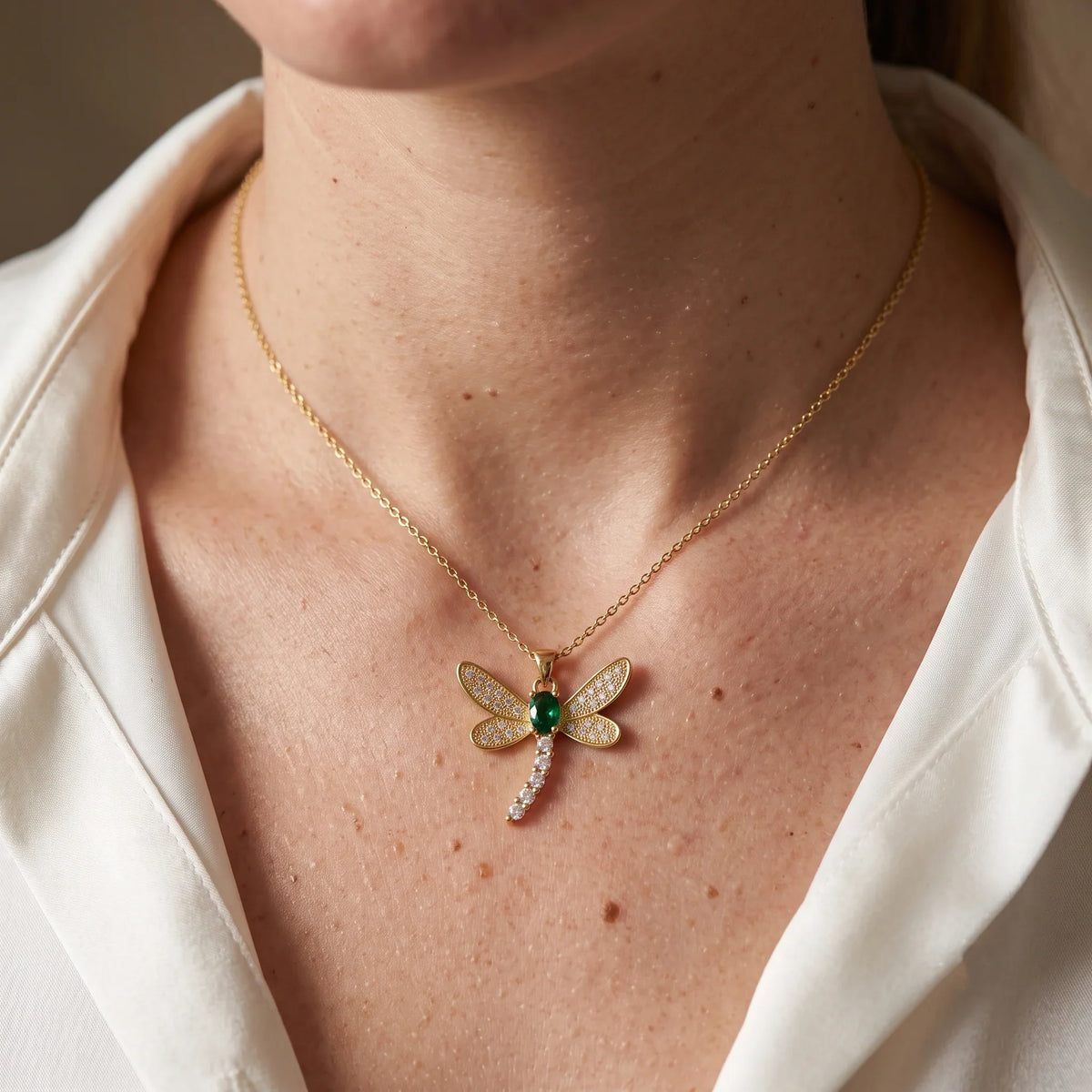 Diatoms Dragonfly Inlay Green Zircon Necklace