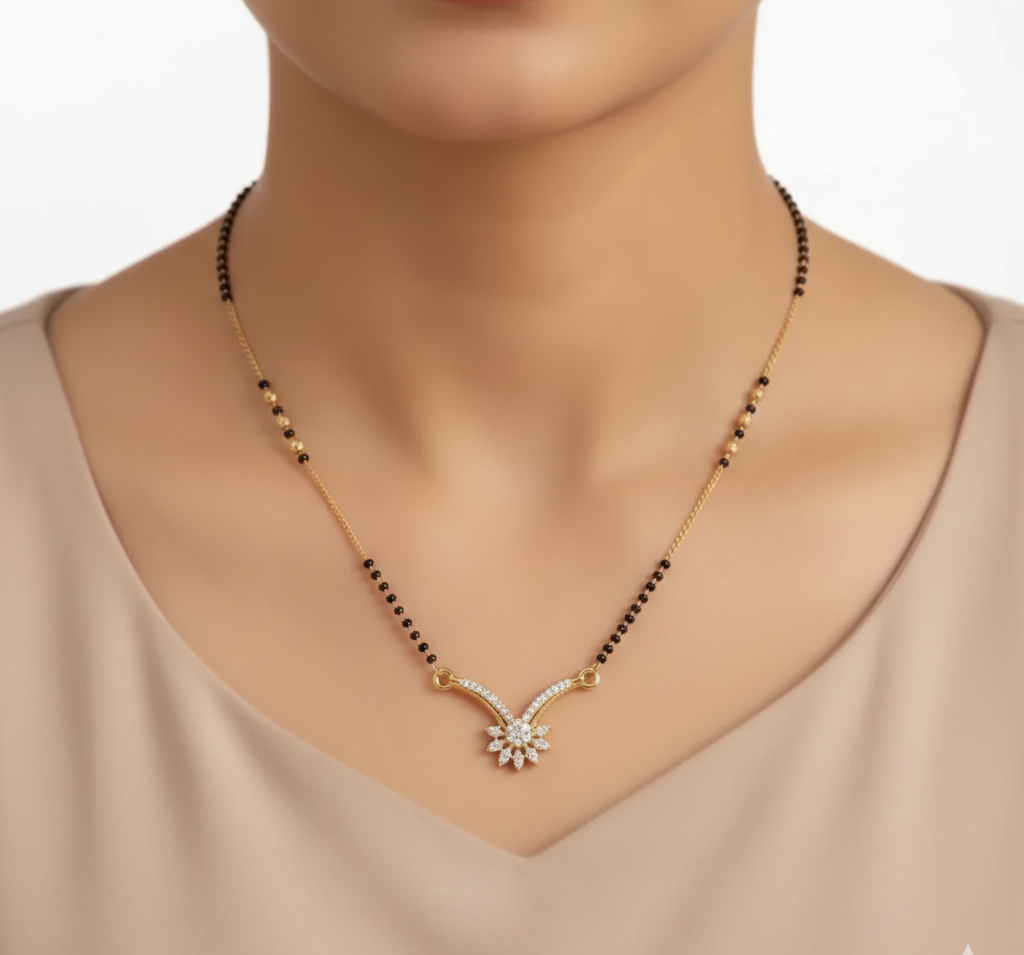 Necklace with a floral pendant on a mannequin against a neutral background