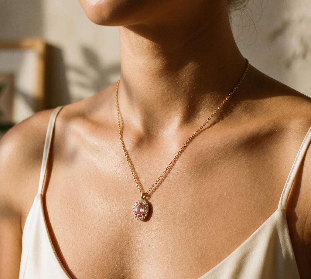 Necklace with a pink pendant worn by a person in a beige top.