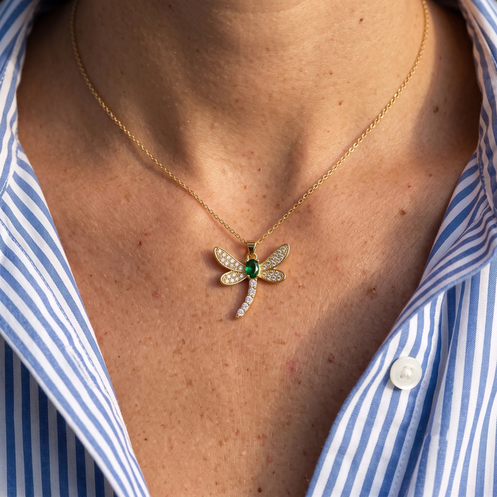 Diatoms Dragonfly Inlay Green Zircon Necklace