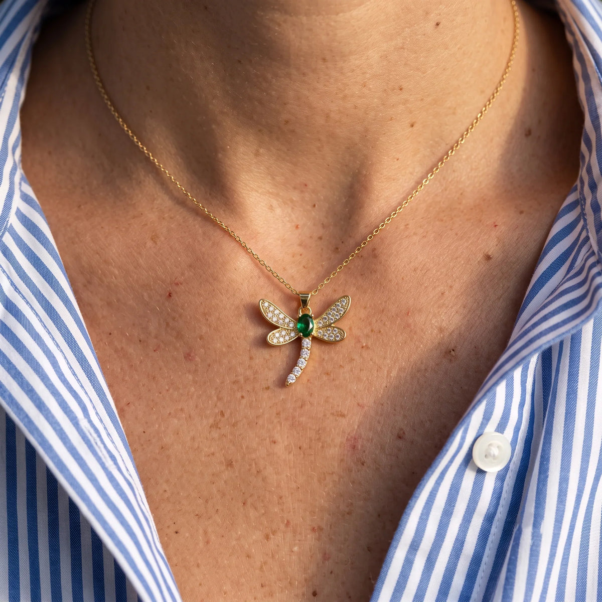 Diatoms Dragonfly Inlay Green Zircon Necklace