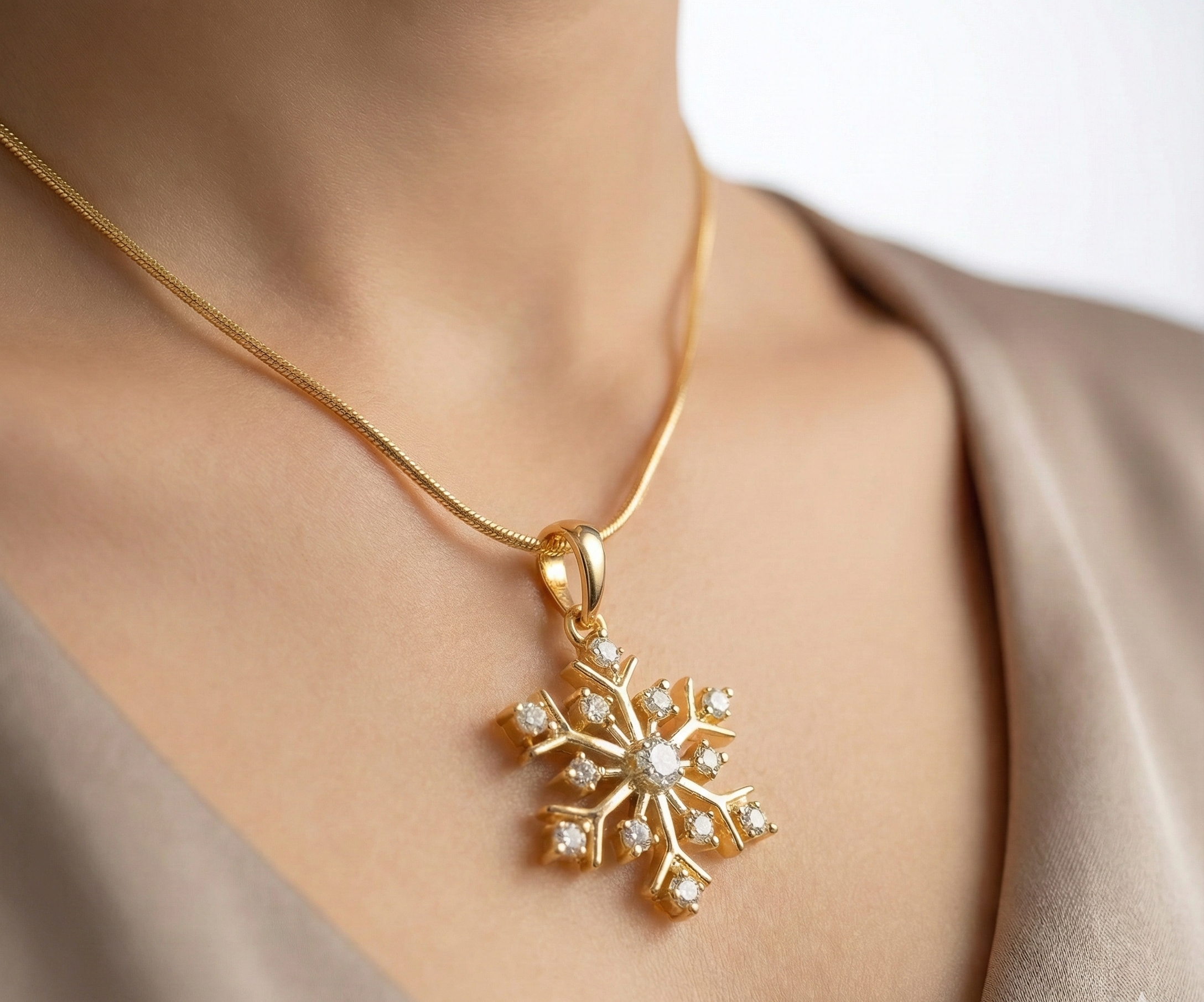 Gold snowflake pendant necklace on a person wearing a beige garment.
