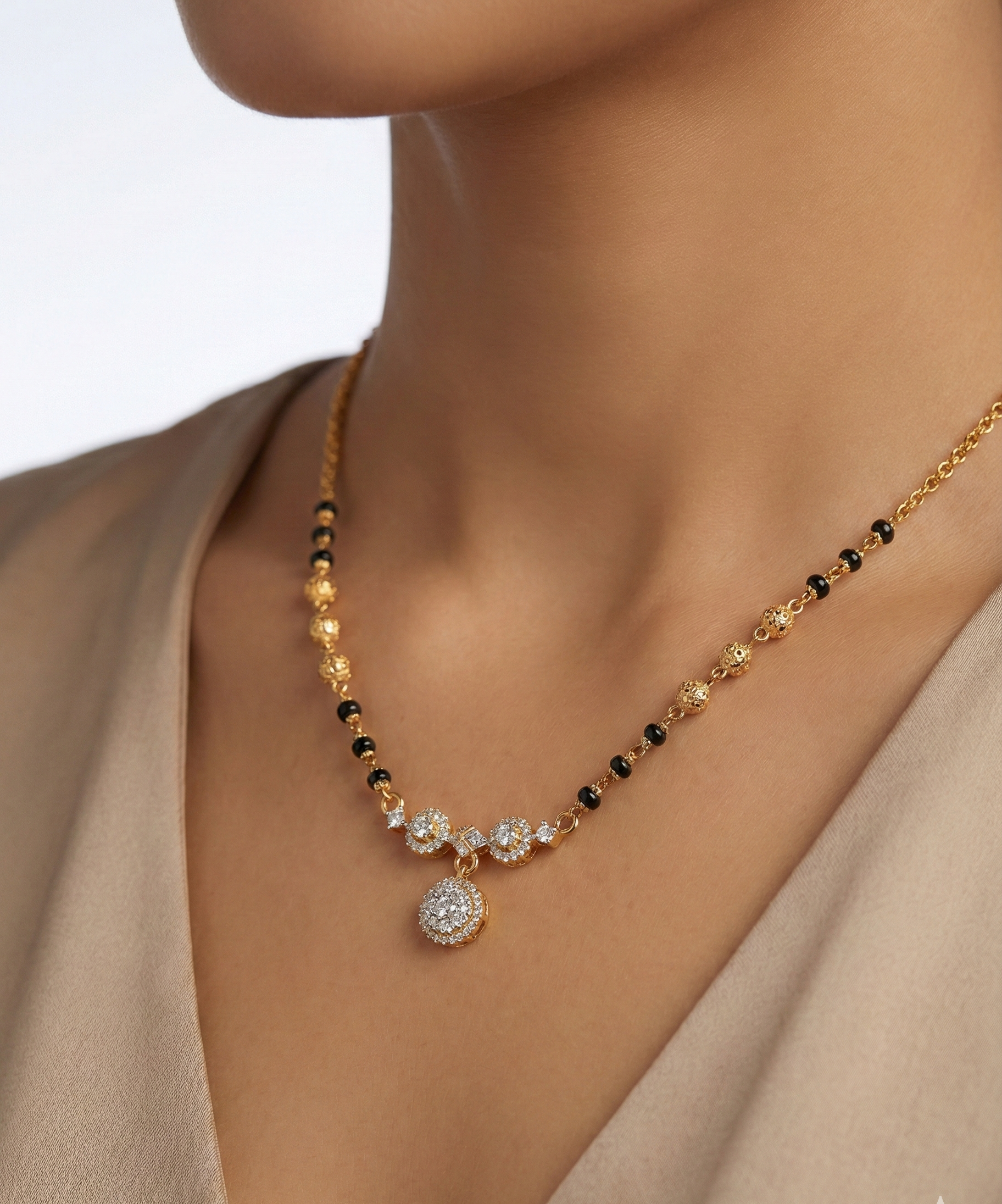 Necklace with black and gold beads and a diamond pendant on a neutral background