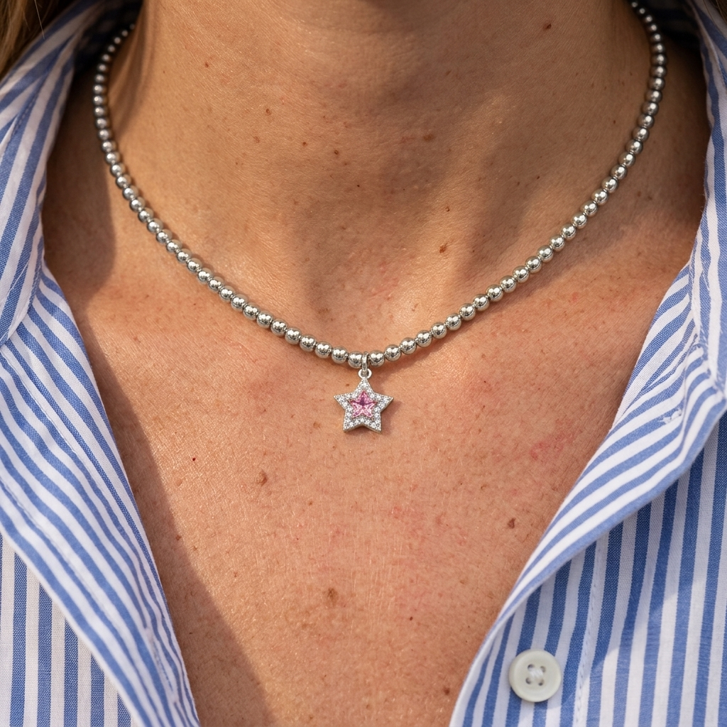 Diatoms Vacation Star Beaded Silver Necklace