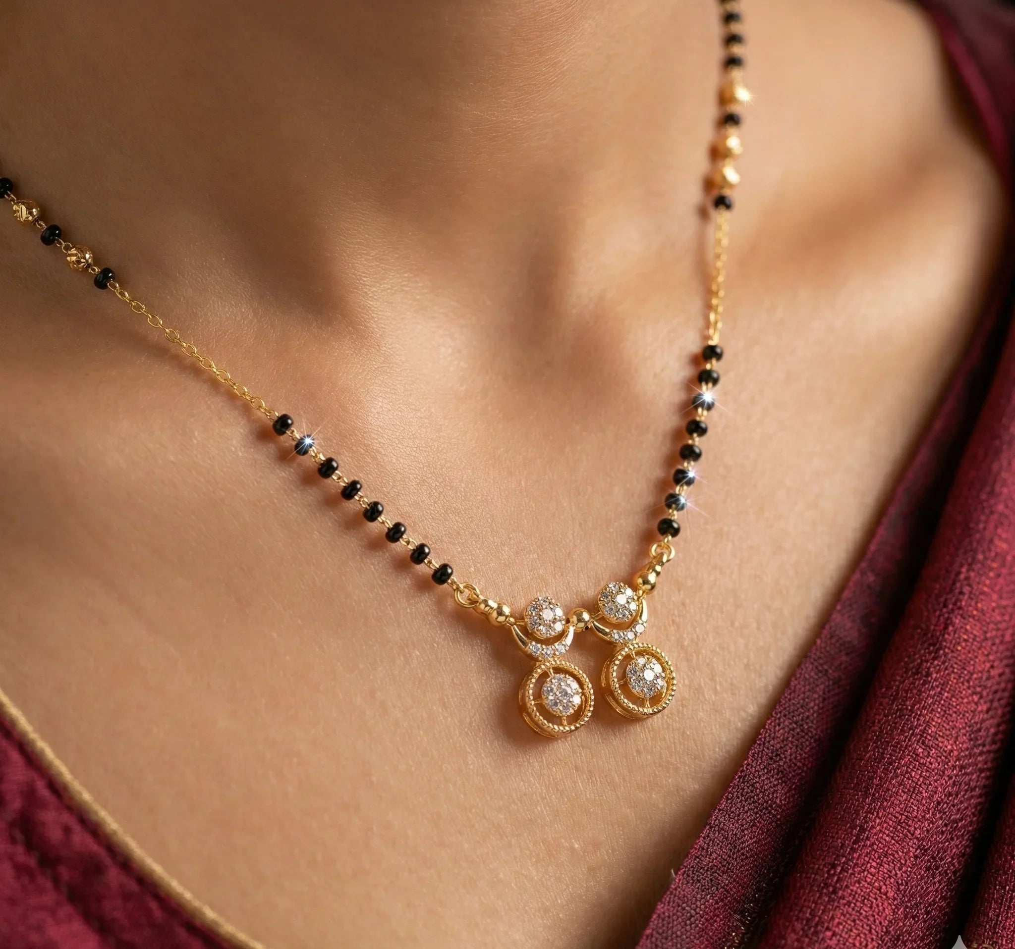 Gold necklace with black beads and a pendant on a person wearing a red garment.