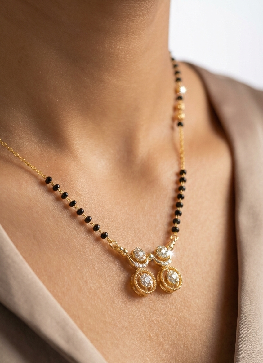 Gold necklace with black beads and decorative elements on a person's neck