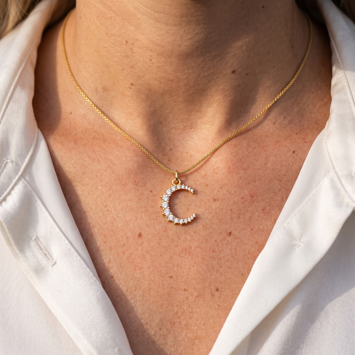 Diatoms Moon White Zircon Pendant Necklace