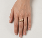 Gold ring on a person's finger against a light background
