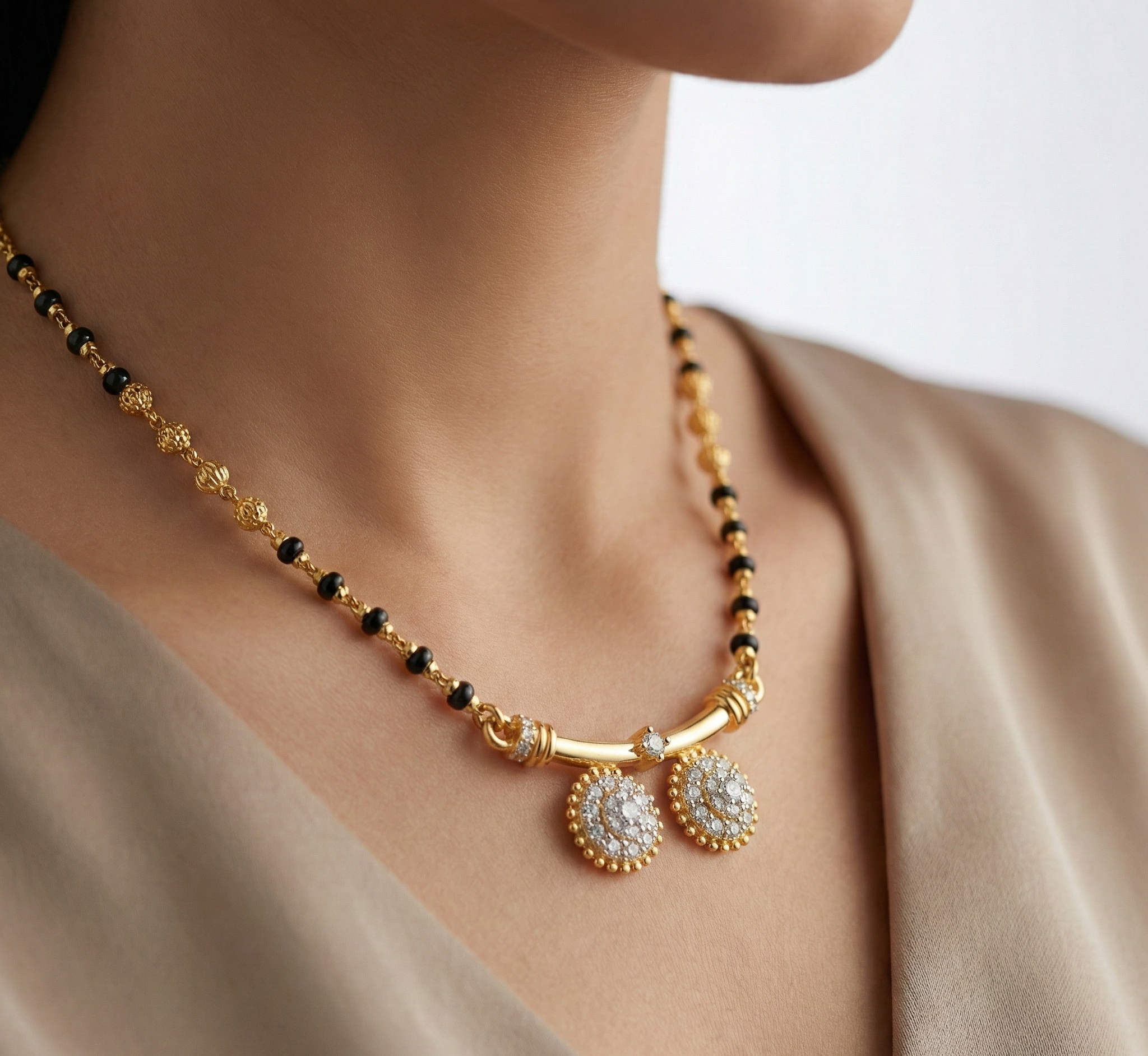 Gold necklace with black beads and decorative elements on a neutral background