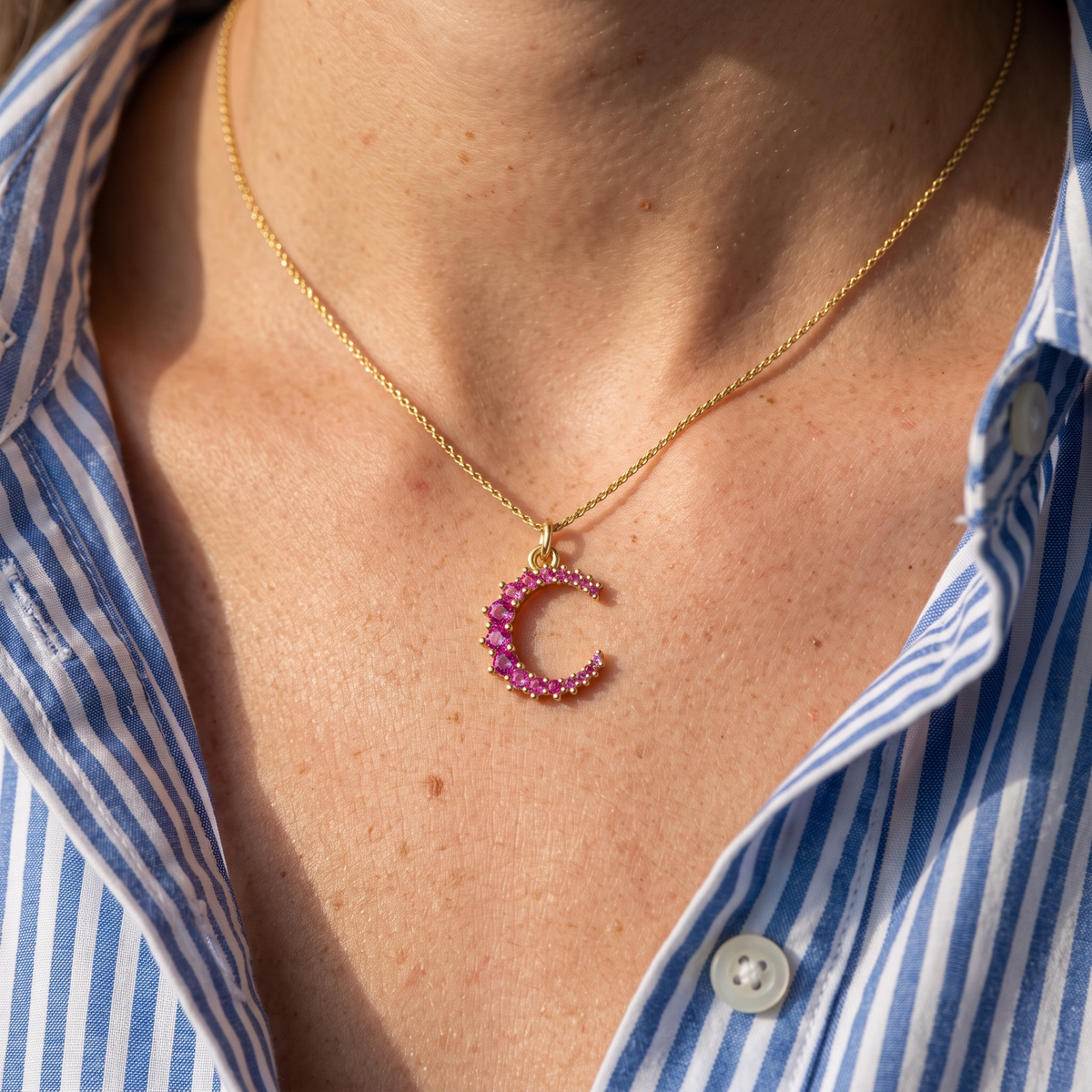 Diatoms Moon Pink Zircon Pendant Necklace