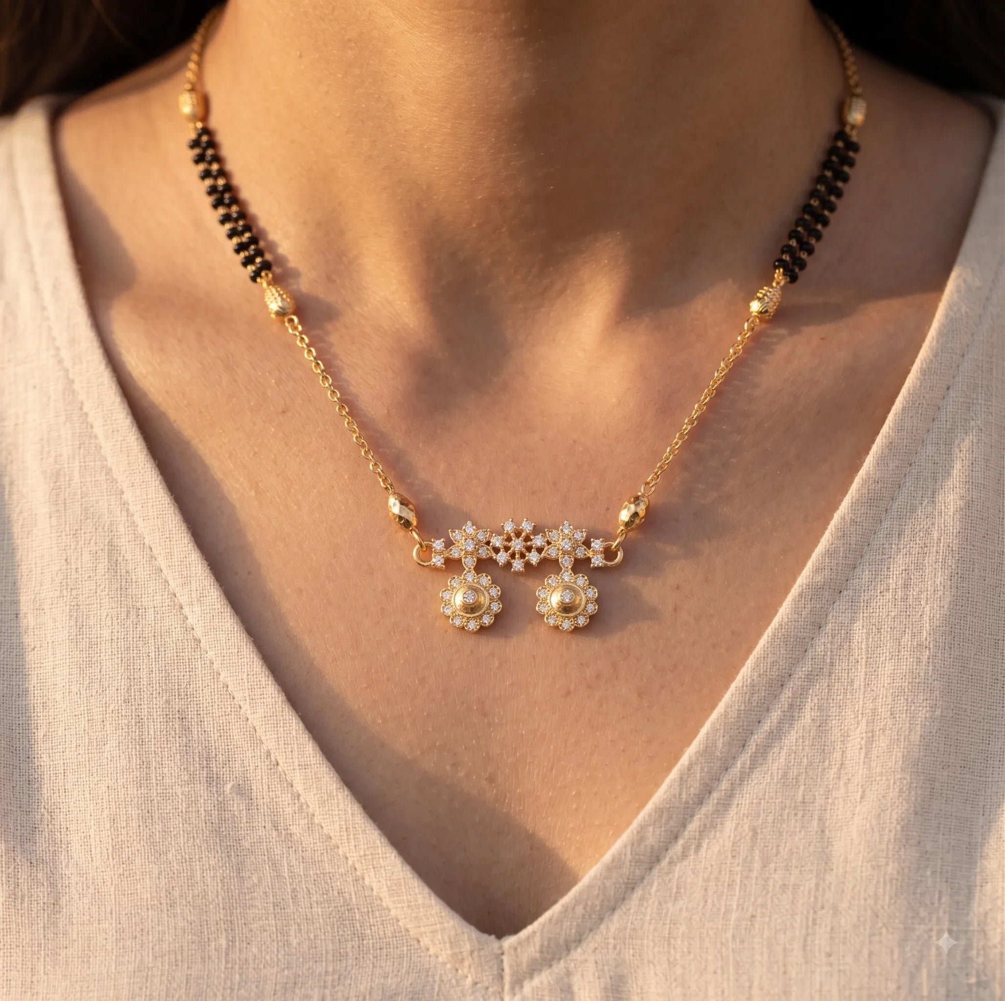 A close-up of a woman wearing a gold-toned necklace with black bead accents and a central floral pendant with pearl-like white stones, photographed against a soft beige top.