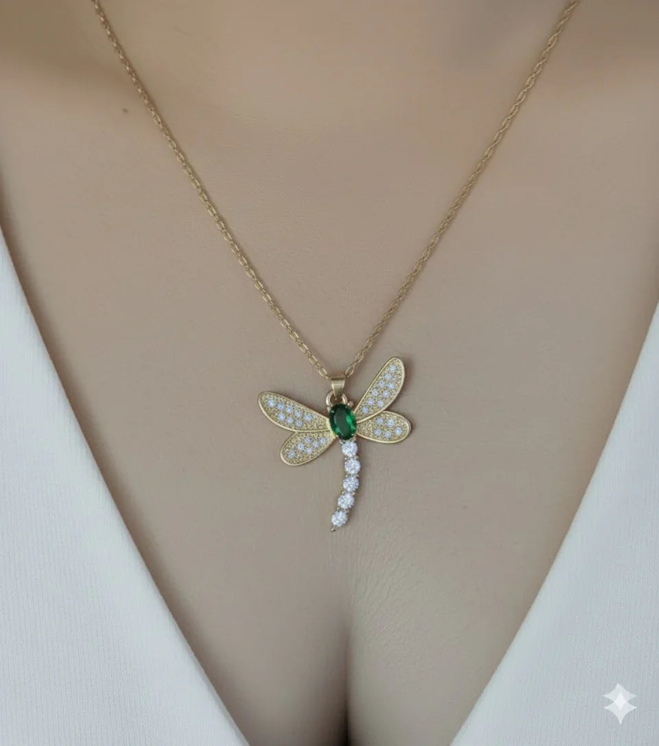 Diatoms Dragonfly Inlay Green Zircon Necklace