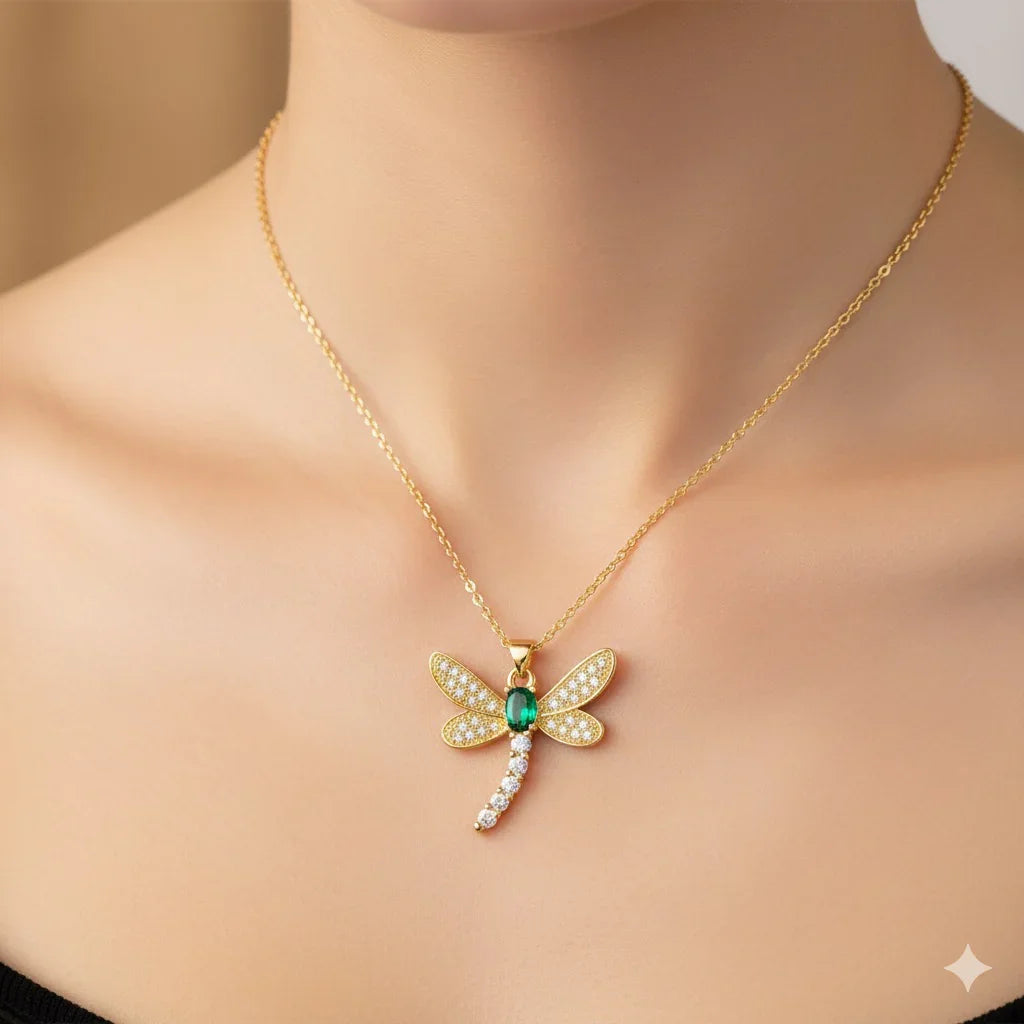 Diatoms Dragonfly Inlay Green Zircon Necklace