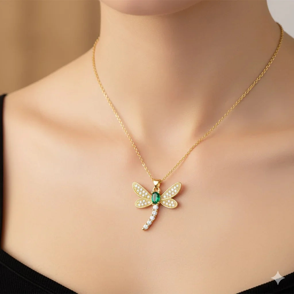 Diatoms Dragonfly Inlay Green Zircon Necklace