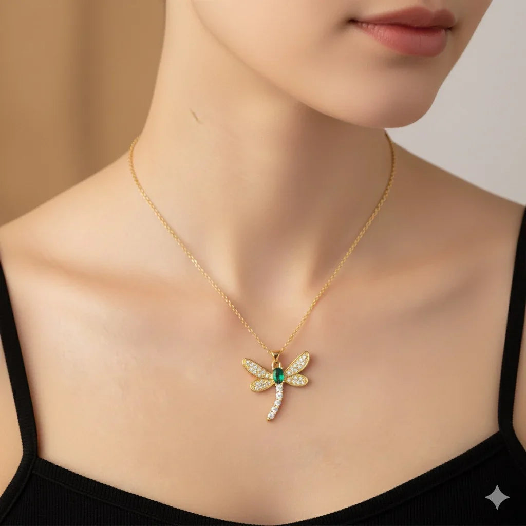 Diatoms Dragonfly Inlay Green Zircon Necklace