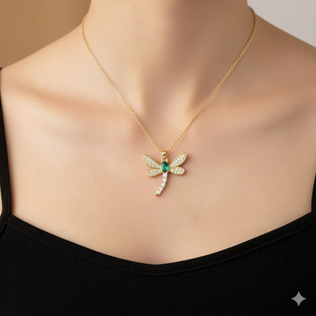 Diatoms Dragonfly Inlay Green Zircon Necklace