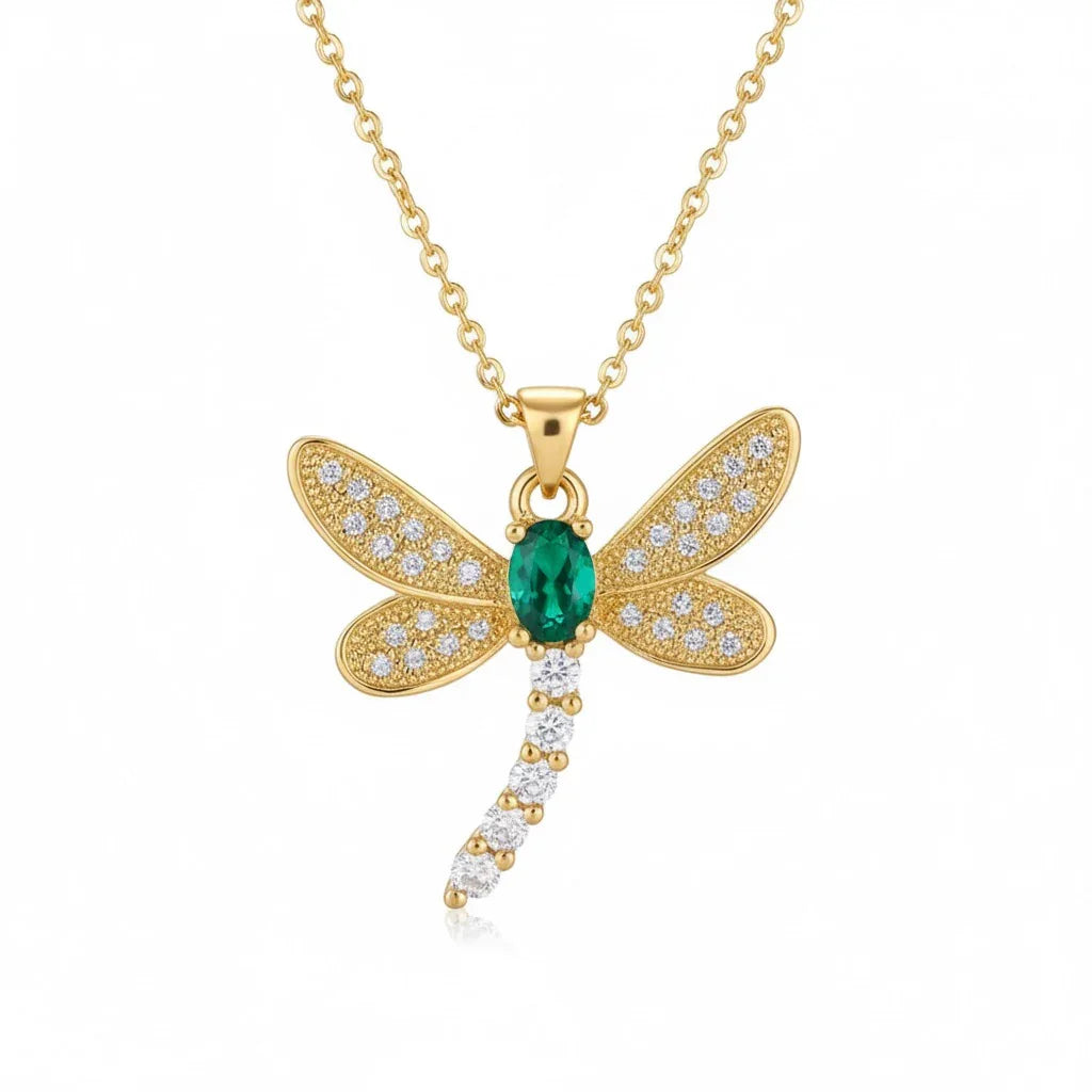 Diatoms Dragonfly Inlay Green Zircon Necklace
