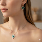 Green Heart Shape Enamel Pendant Earrings Set
