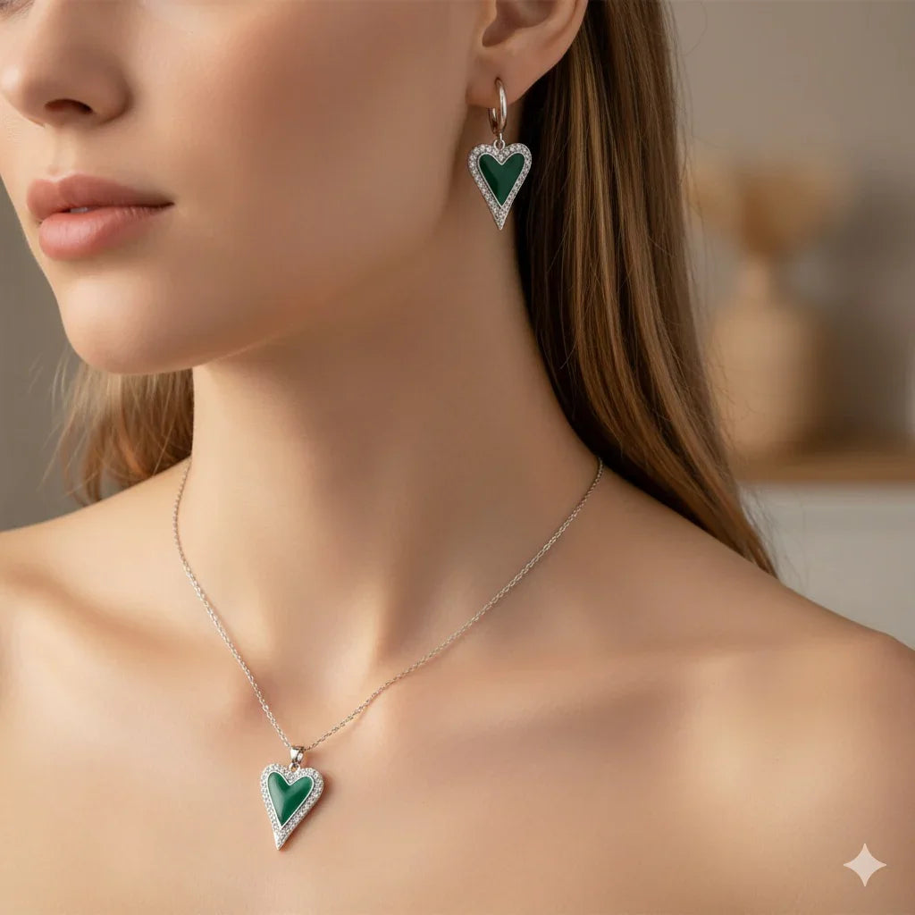 Green Heart Shape Enamel Pendant Earrings Set