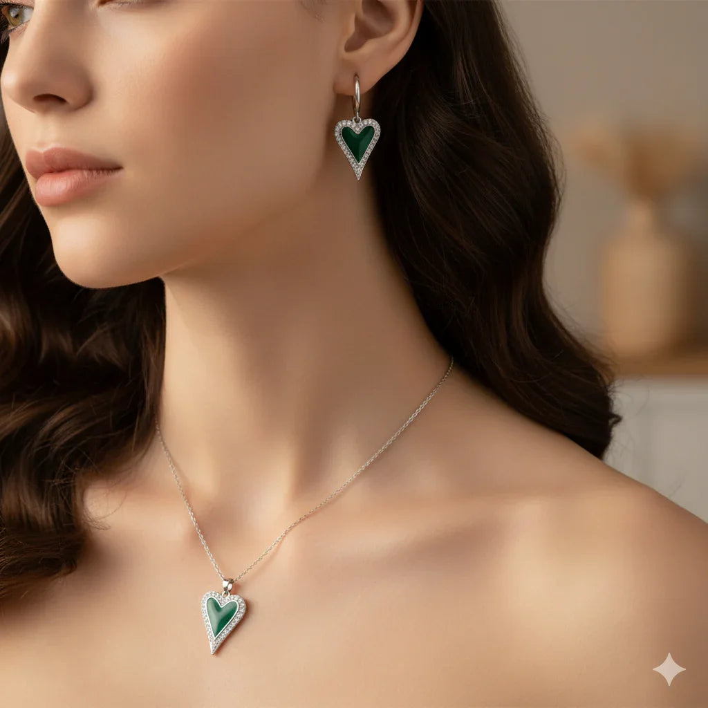 Green Heart Shape Enamel Pendant Earrings Set