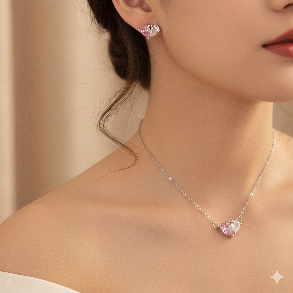 Diamond Heart Colorful Necklace Earring Set