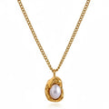 Gold necklace with a pearl pendant on a white background