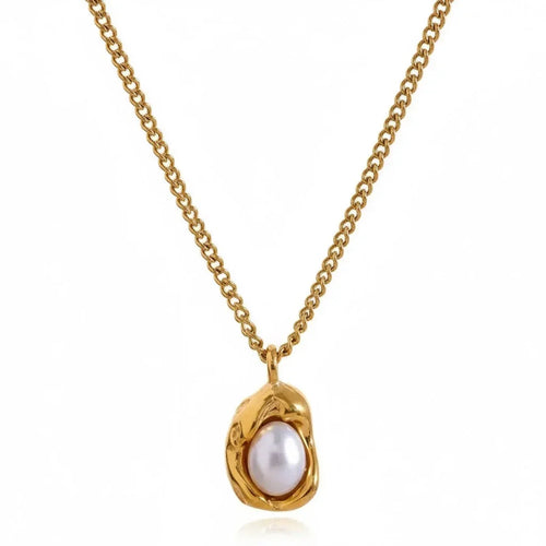 Gold necklace with a pearl pendant on a white background