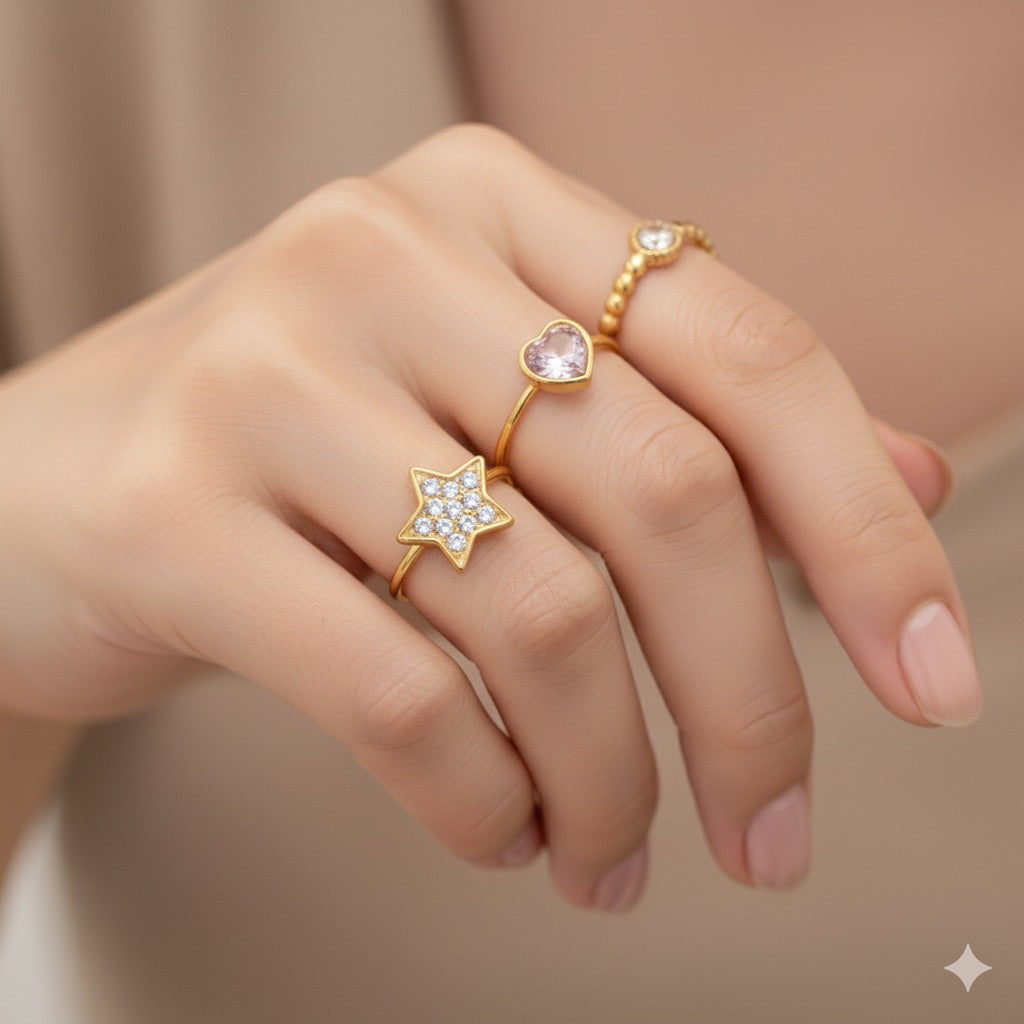 Pentagram Heart Shape Rhinestones Rings Set