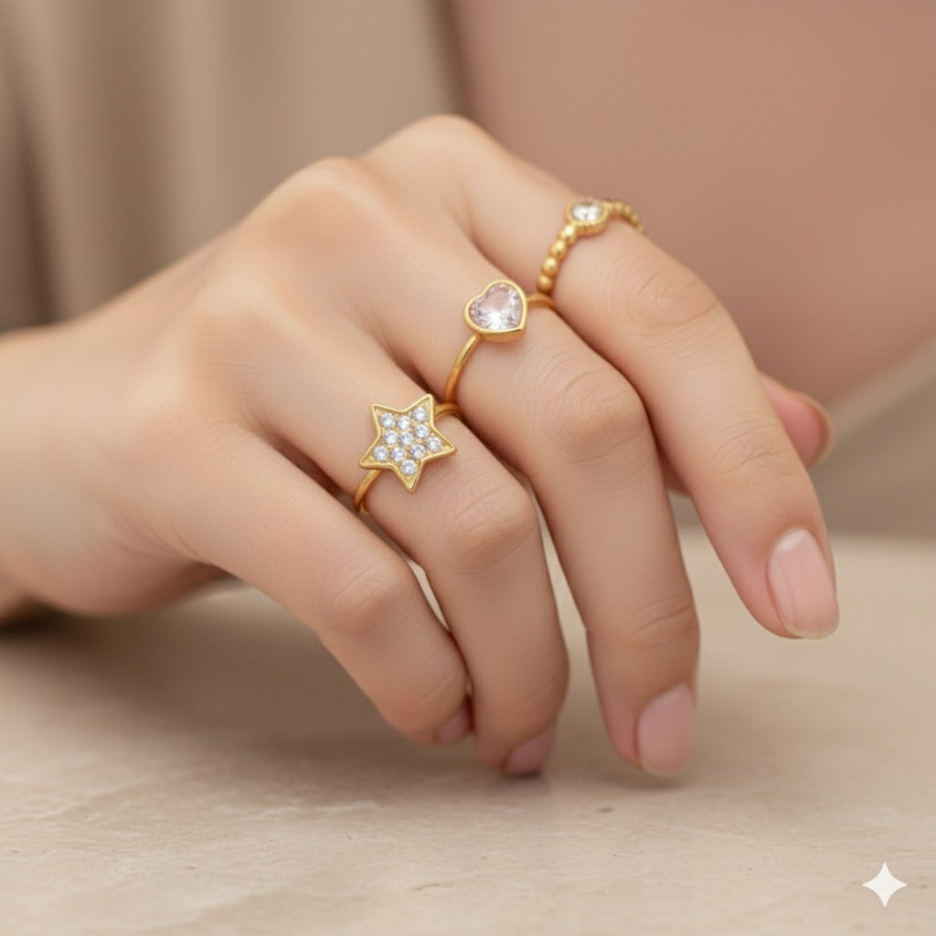 Pentagram Heart Shape Rhinestones Rings Set