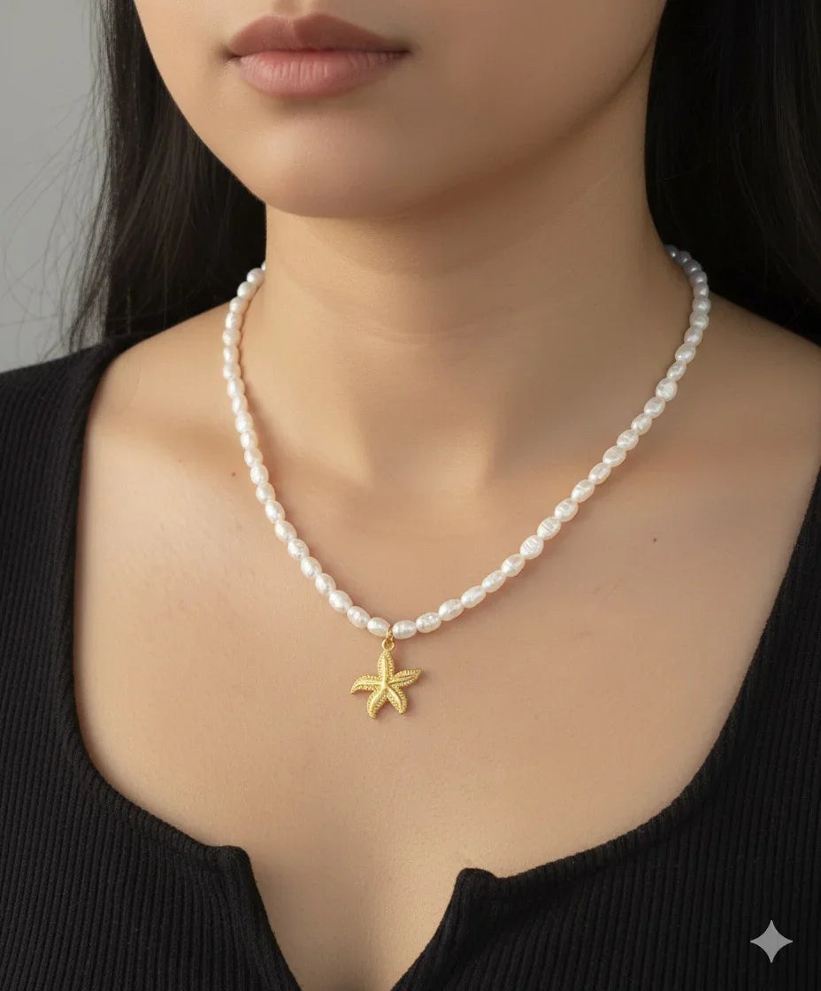 Starfish Pearl Beaded Pendant Necklace