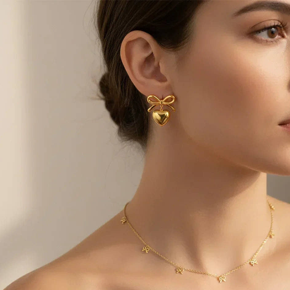 Luxe Heart Bow Necklace Earring Combo Set
