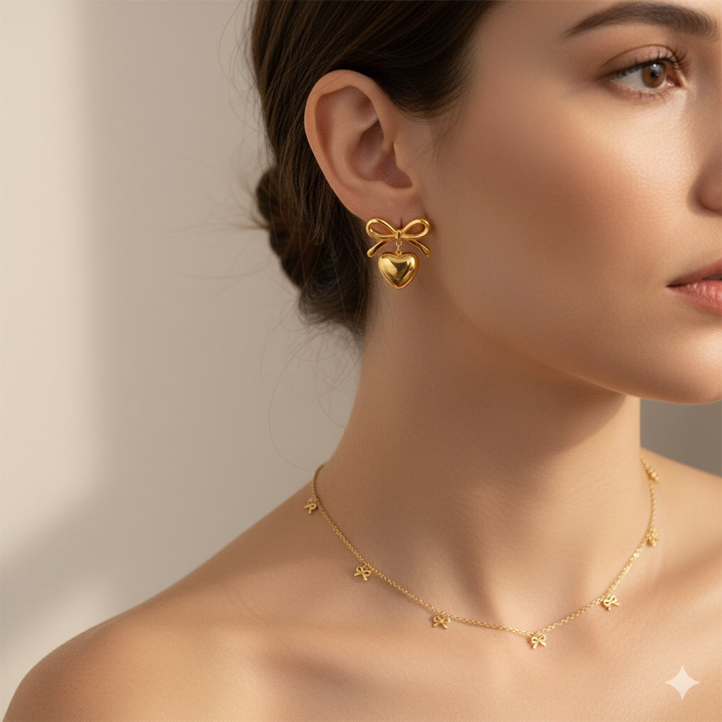 Luxe Heart Bow Necklace Earring Combo Set