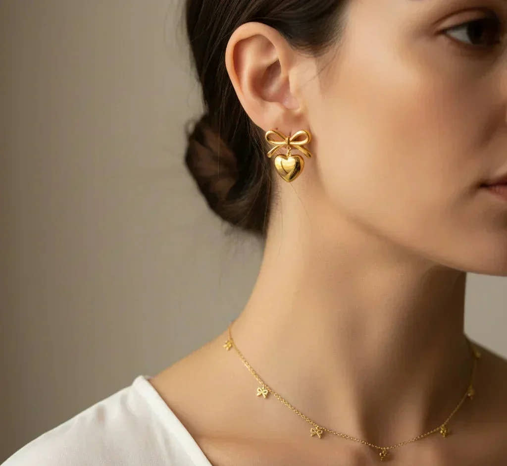 Luxe Heart Bow Necklace Earring Combo Set