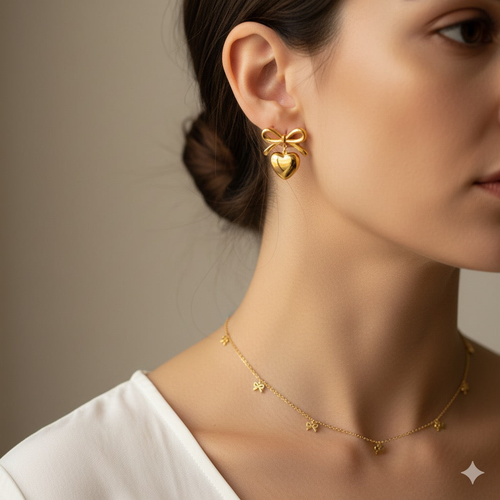Luxe Heart Bow Necklace Earring Combo Set