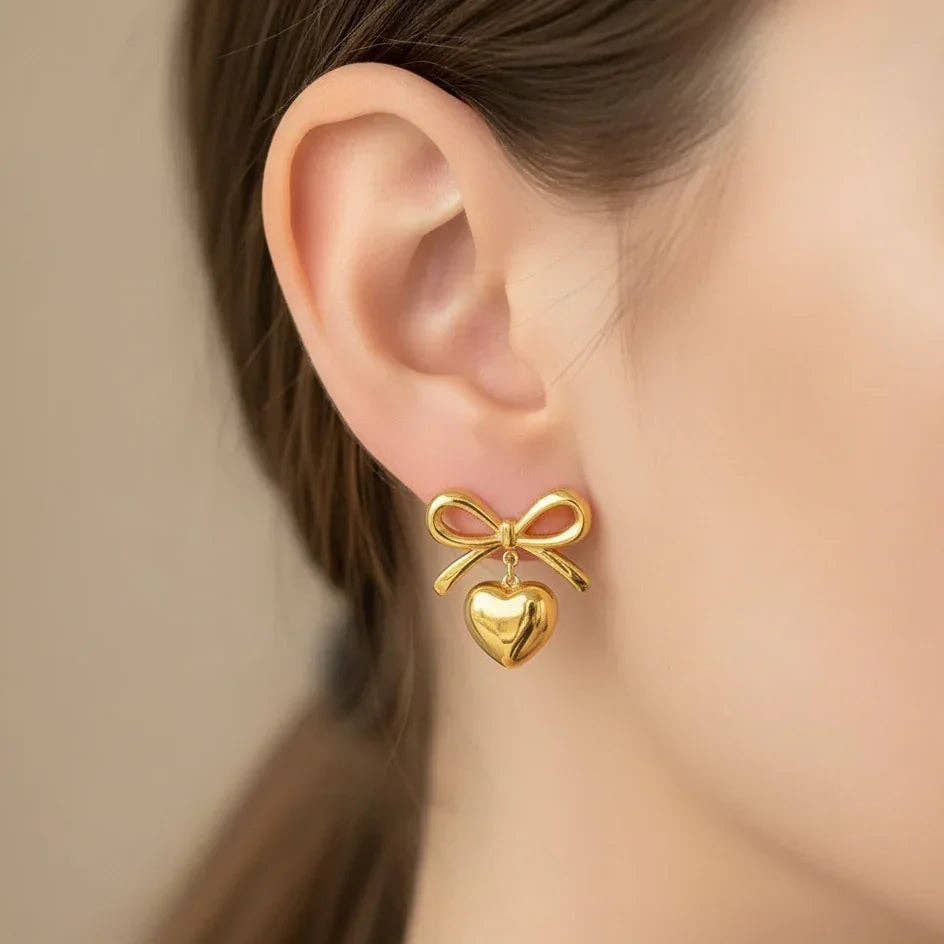 Luxe Heart Bow Necklace Earring Combo Set