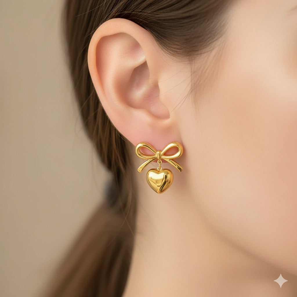 Luxe Heart Bow Necklace Earring Combo Set