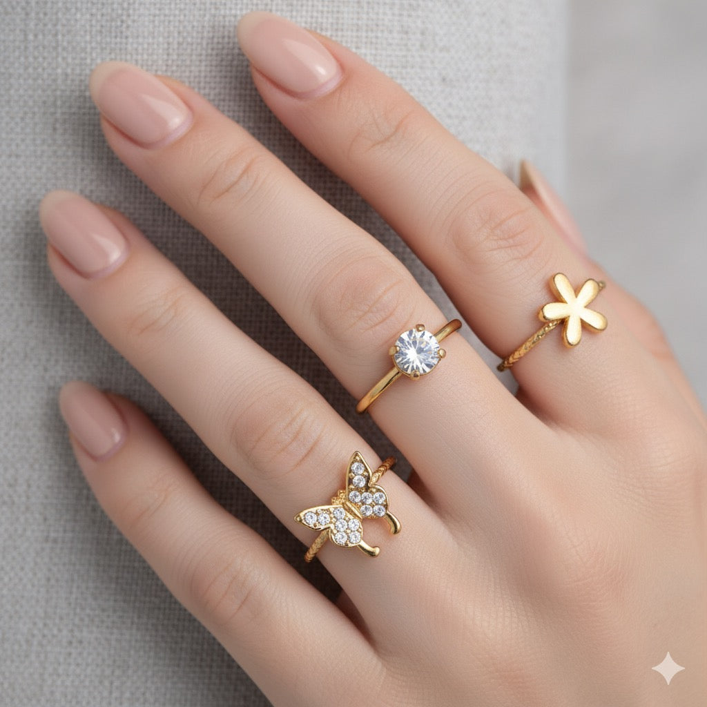 Flower Butterfly Rhinestones 3 Rings Set