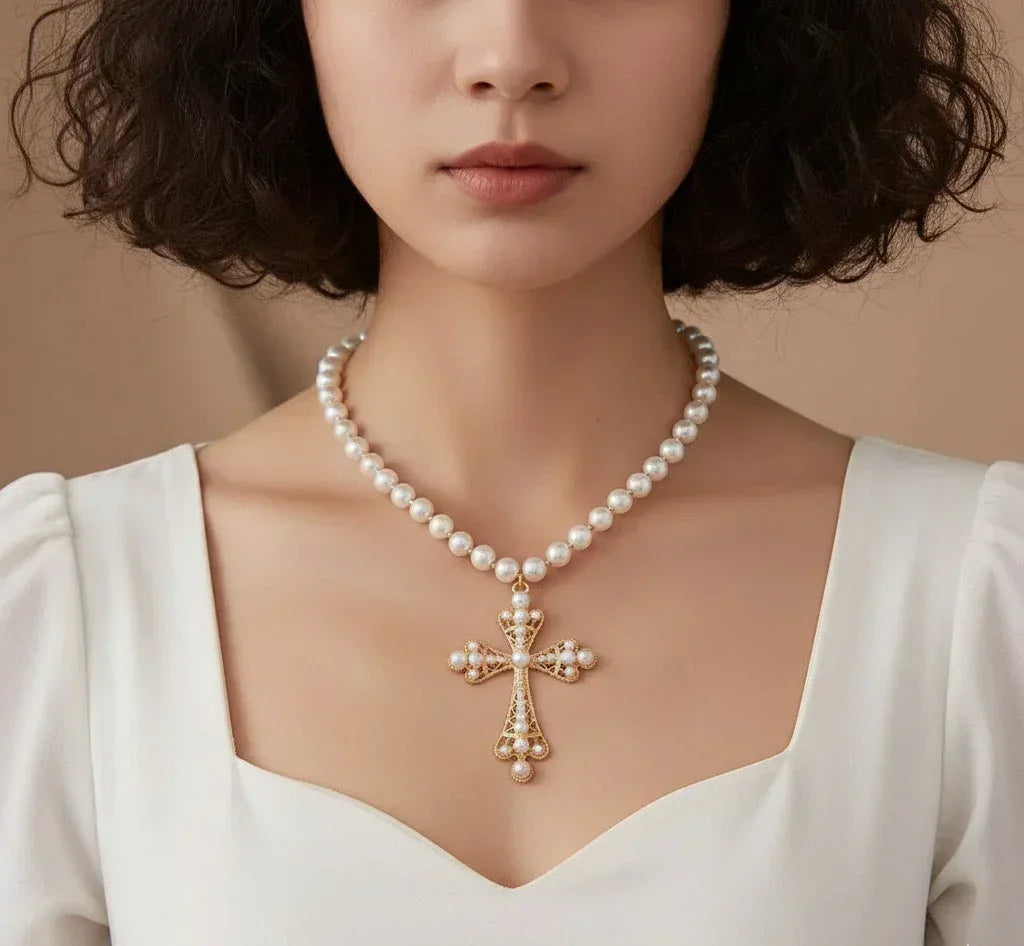 Diatoms Cross Pearl Beaded Necklace