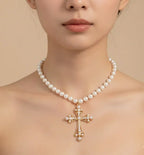 Diatoms Cross Pearl Beaded Necklace