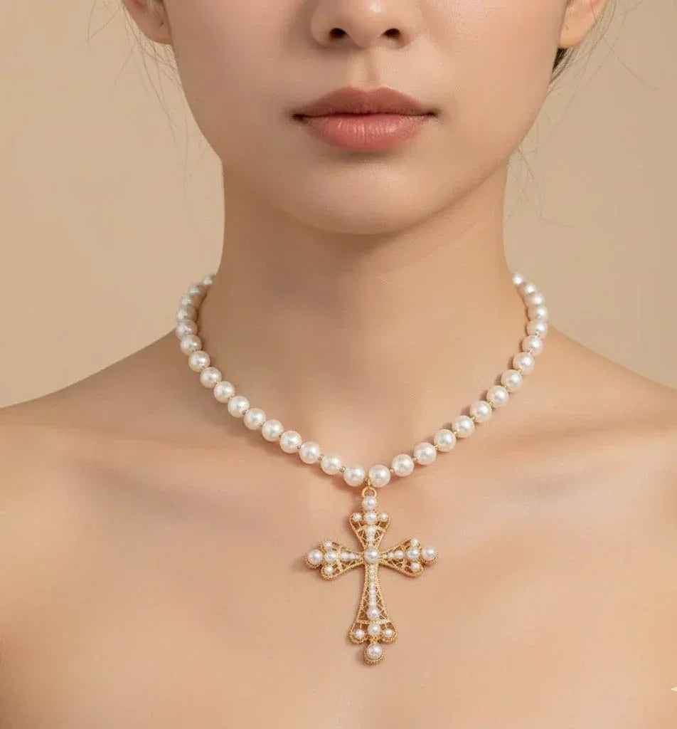 Diatoms Cross Pearl Beaded Necklace