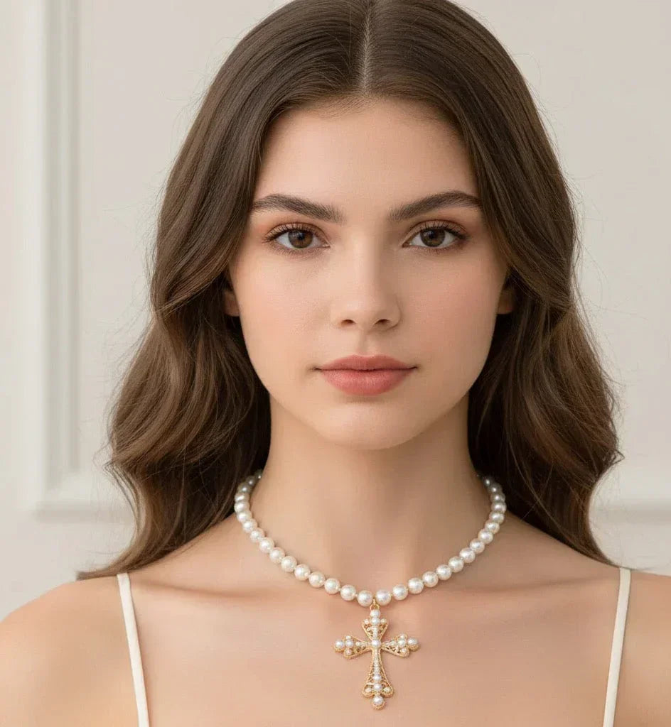 Diatoms Cross Pearl Beaded Necklace