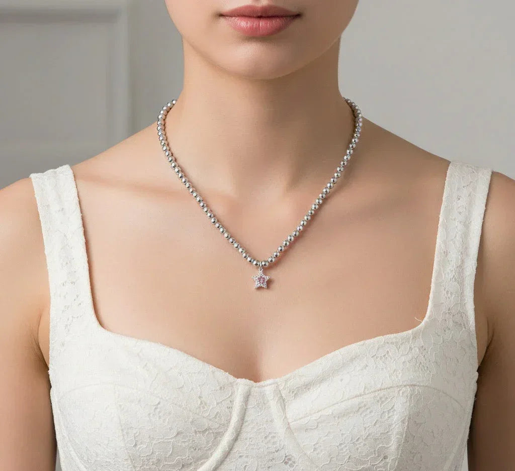 Diatoms Vacation Star Beaded Silver Necklace