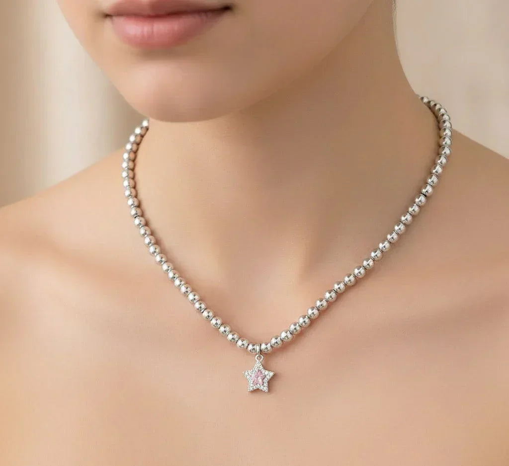 Diatoms Vacation Star Beaded Silver Necklace