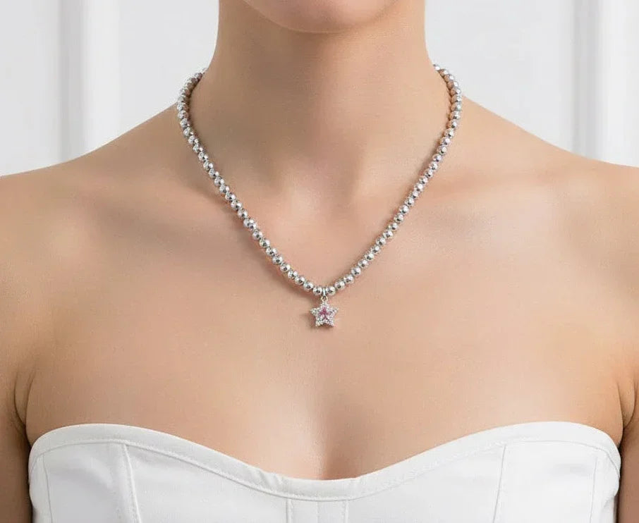 Diatoms Vacation Star Beaded Silver Necklace
